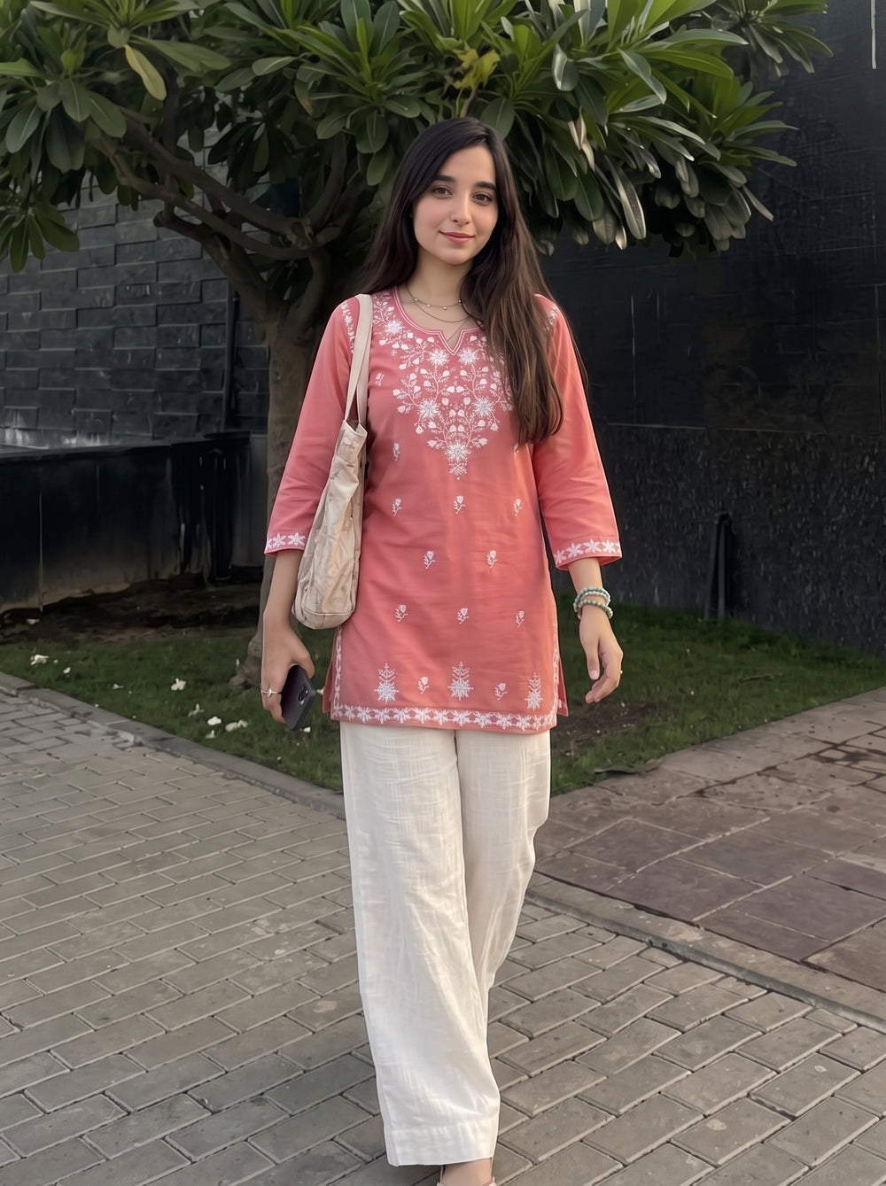 Sara Peach Embroidered Top styled view 4 – The Suitable
