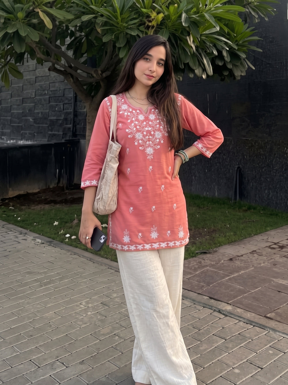 Sara Peach Embroidered Top styled view 5 – The Suitable