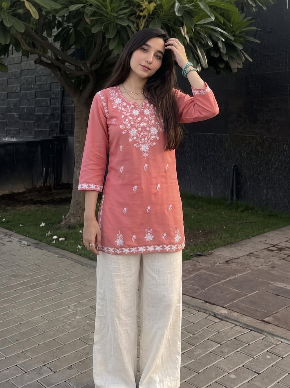 Sara Peach Embroidered Top styled view – The Suitable