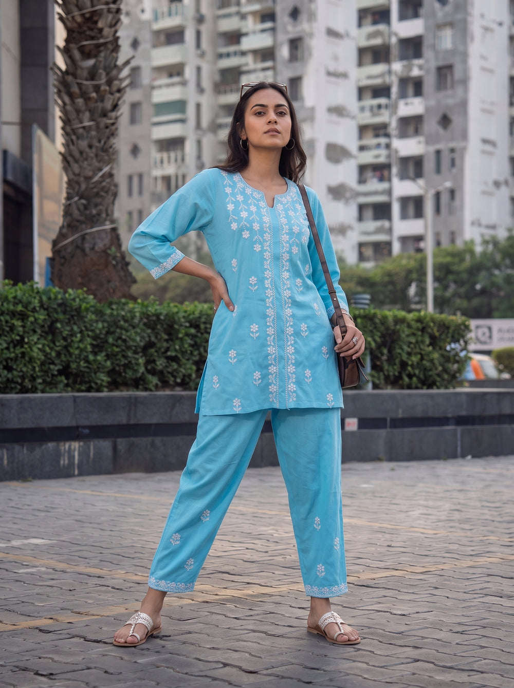 Zeenat Sky Blue Co-Ord Set styled view 4 – The Suitable