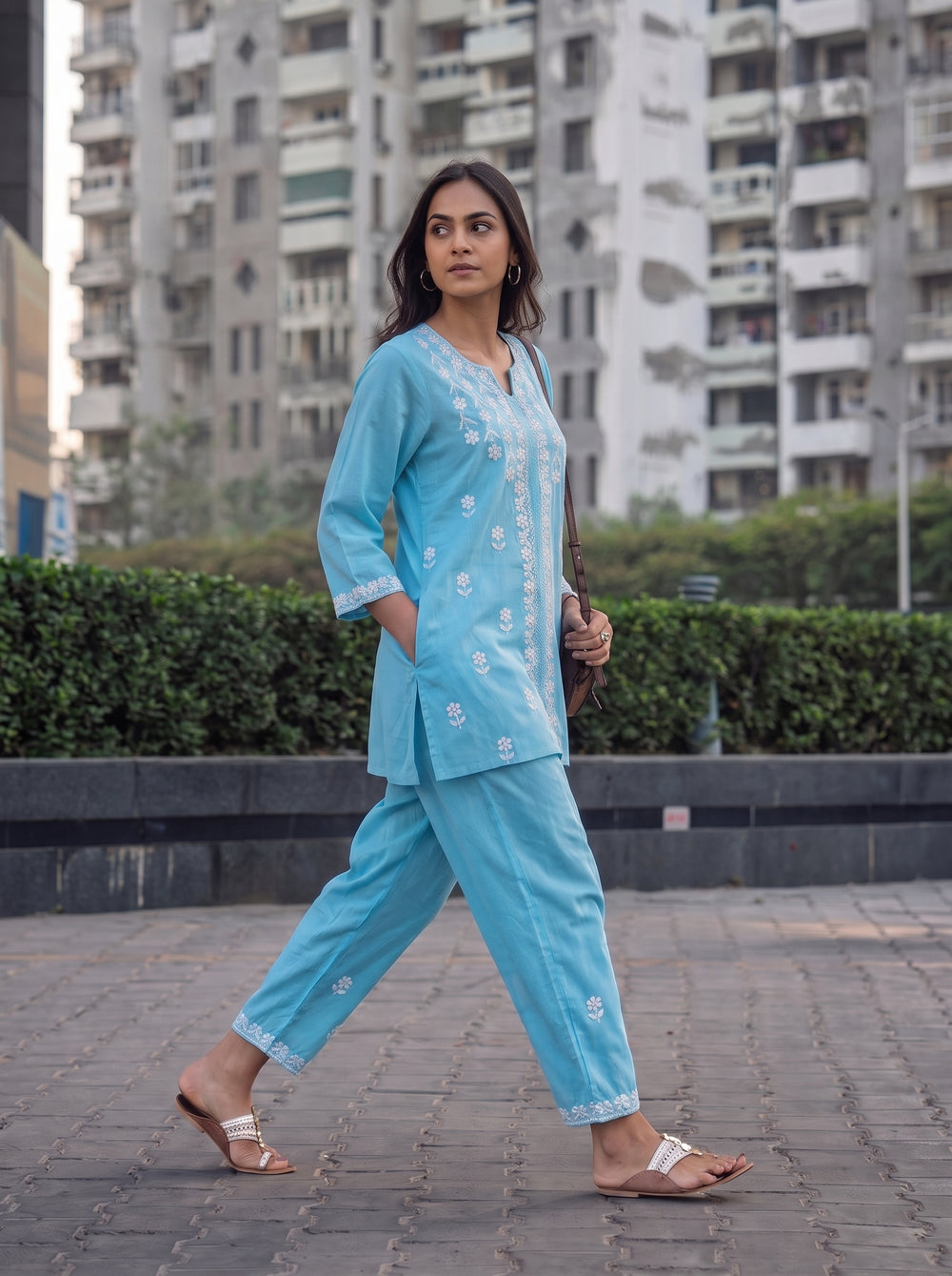 Zeenat Sky Blue Co-Ord Set candid styled view – The Suitable