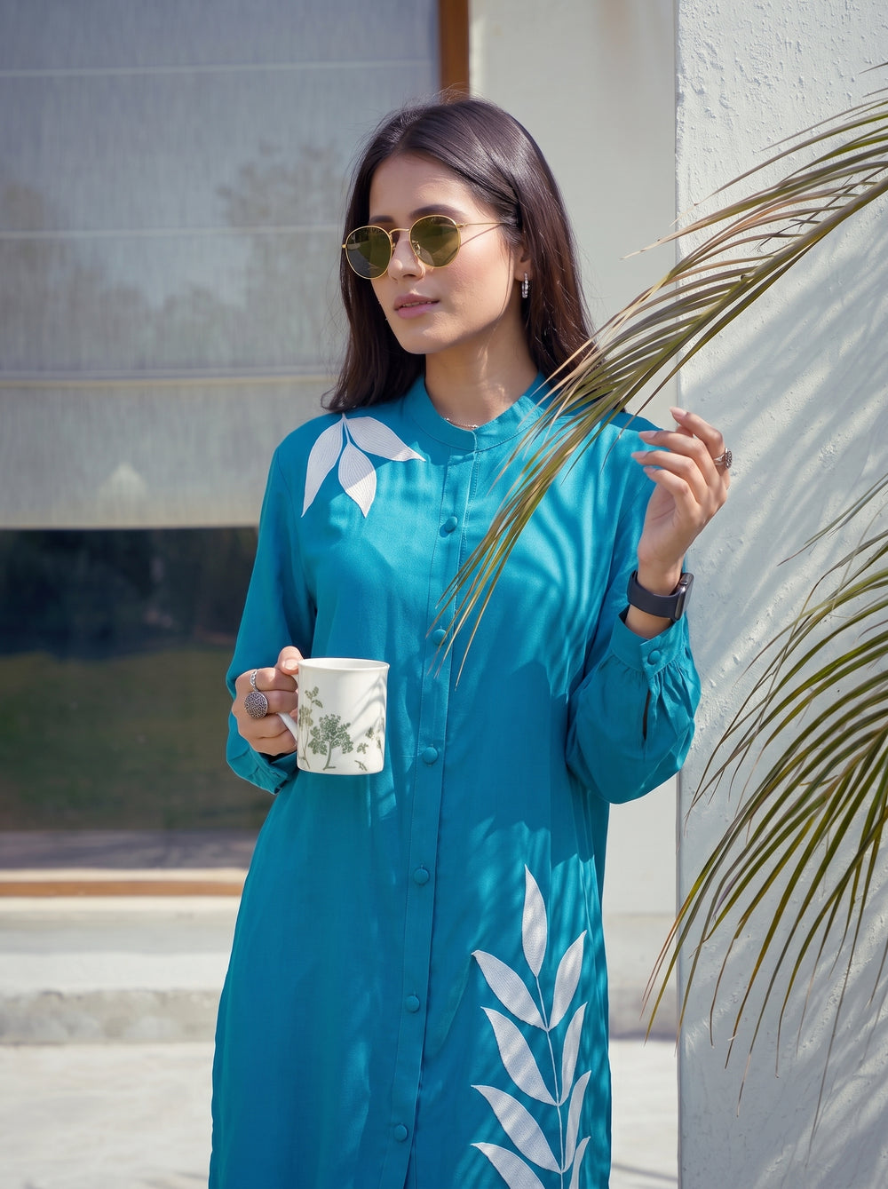 Ayesha Teal Blue Co-Ord Set neckline detail – The Suitable