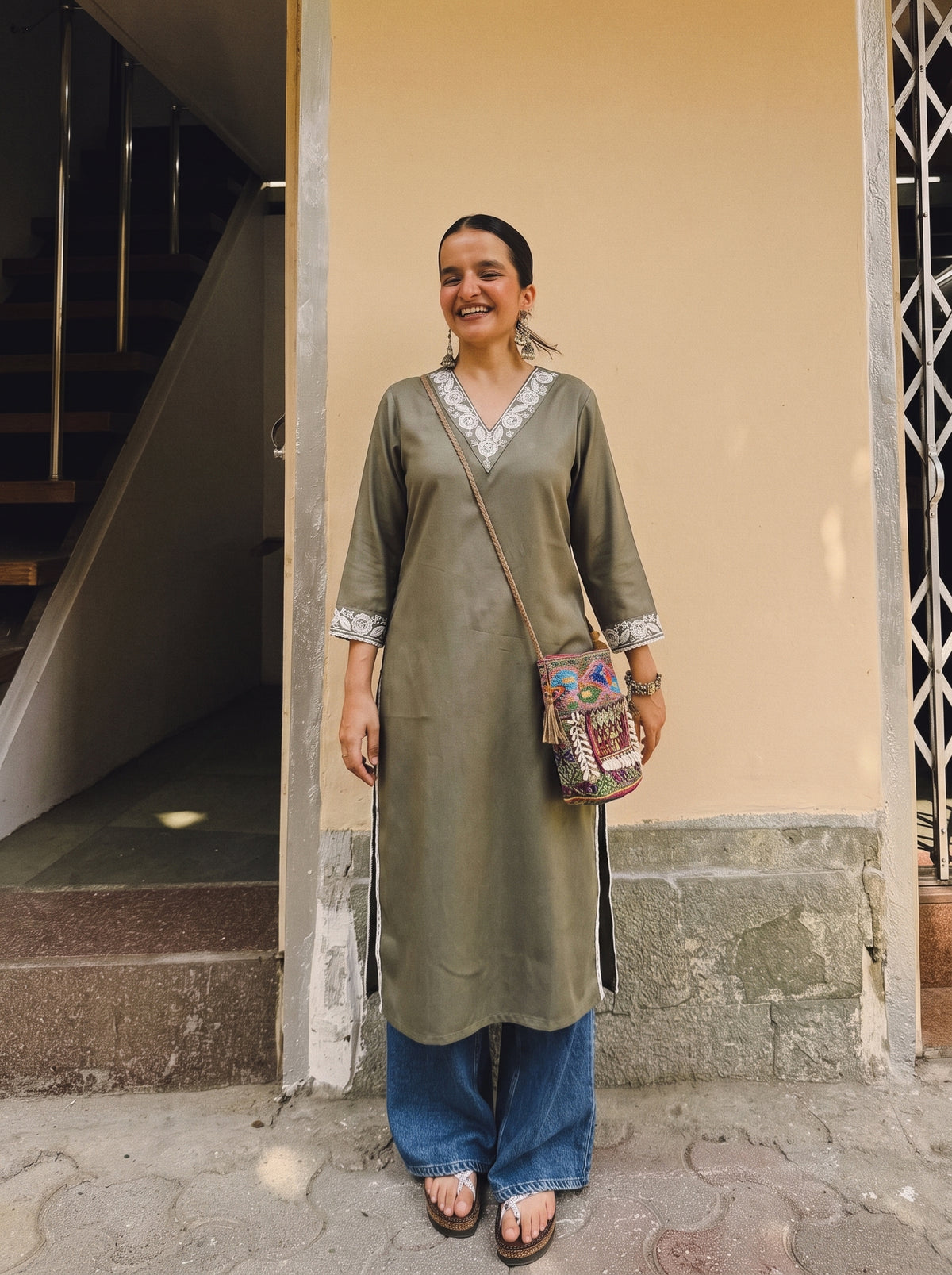 Rhea Olive Straight Kurta front view – The Suitable