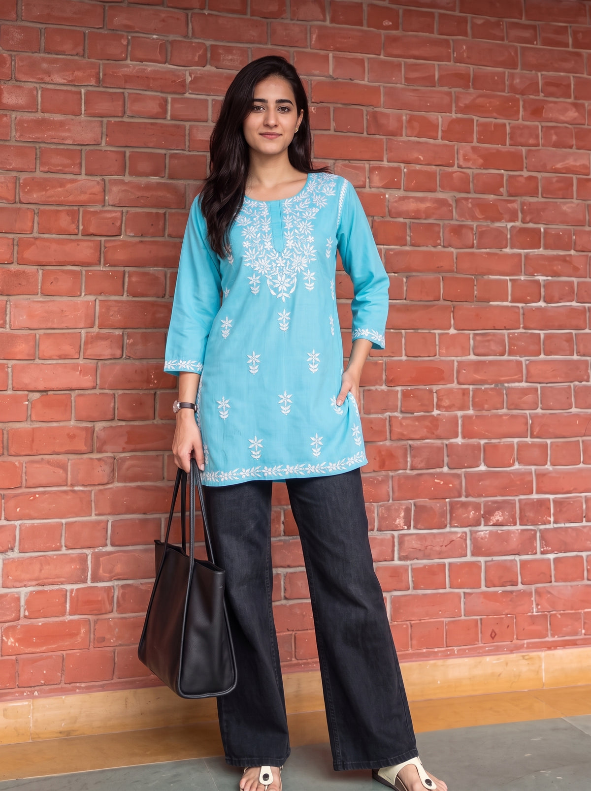 Aiza Sky Blue Embroidered Top neckline detail – The Suitable
