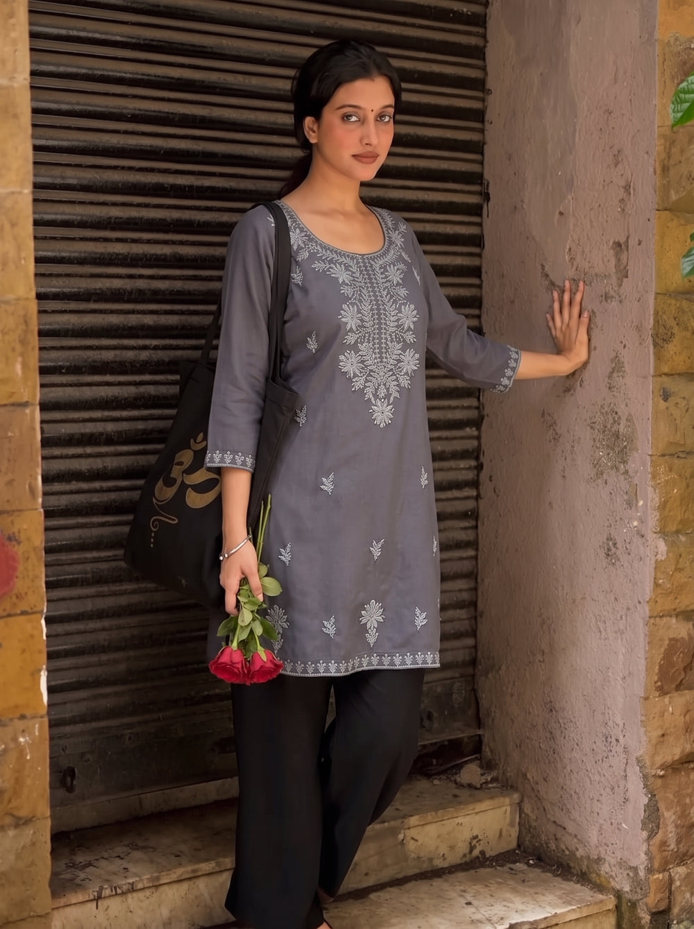 Tisha Dark Grey Embroidered Top front view – The Suitable
