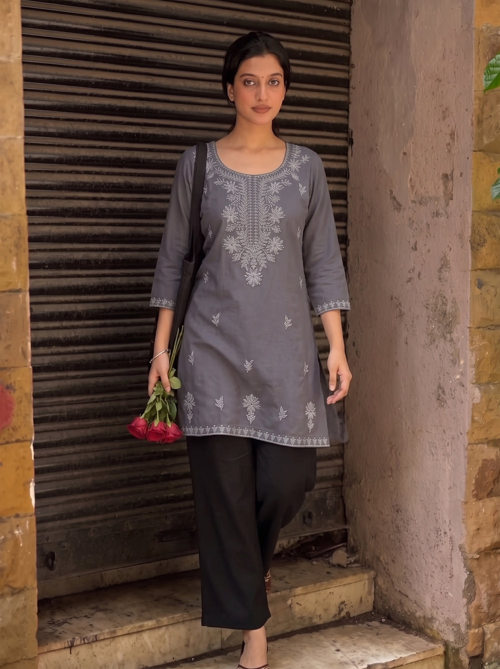 Tisha Dark Grey Embroidered Top styled view 5 – The Suitable