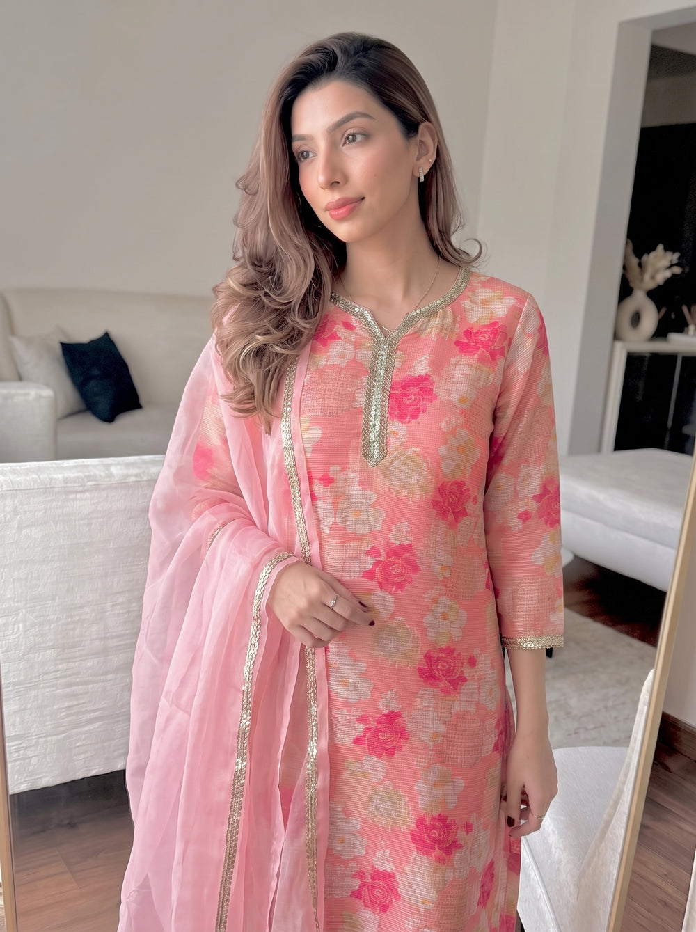 Meher Peach Suit Set neckline detail – The Suitable