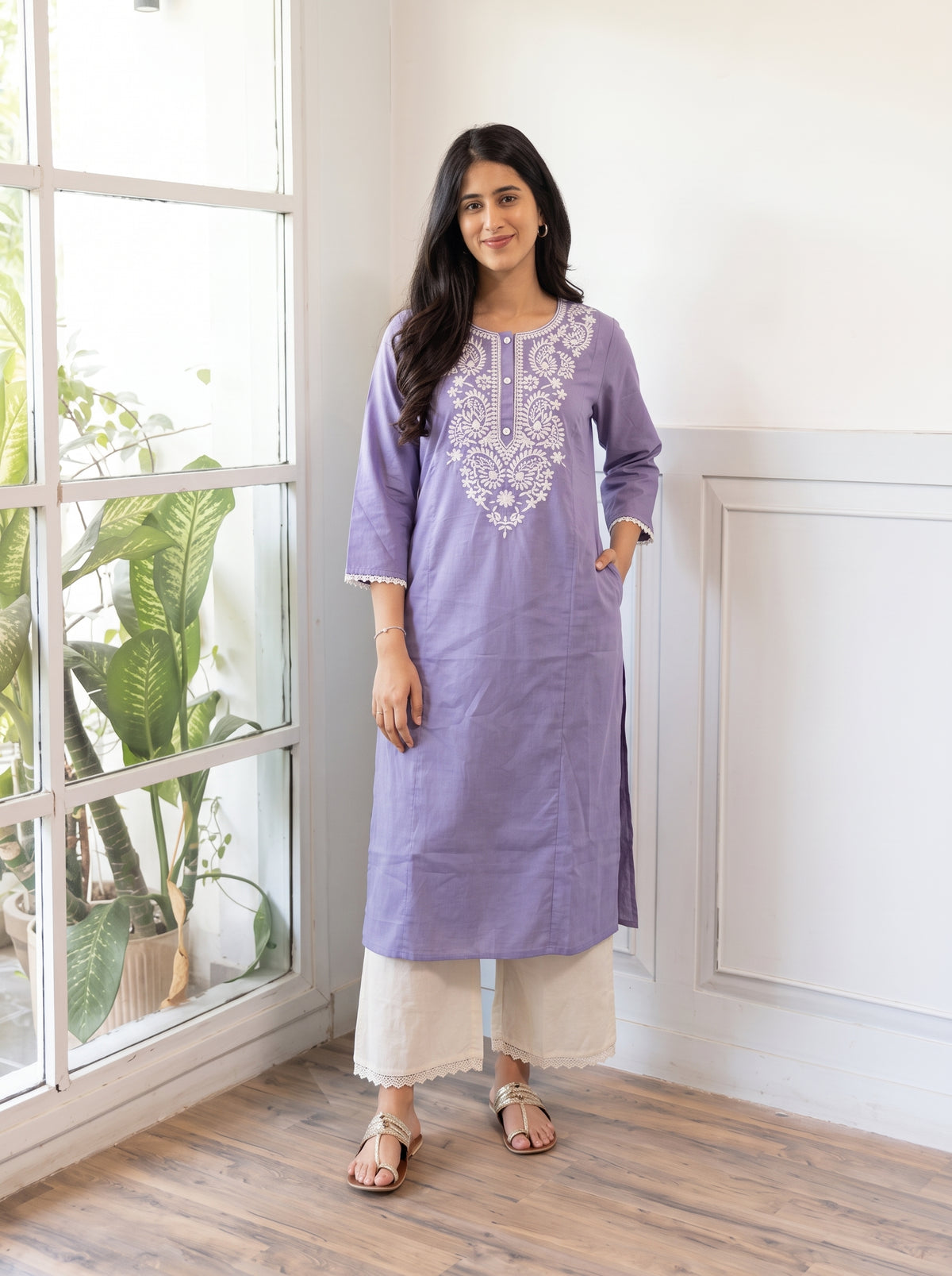 Kavya Purple Kurta Set front styled view – The Suitable