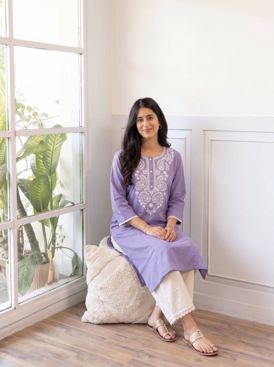 Kavya Purple Kurta Set styled view 5 – The Suitable