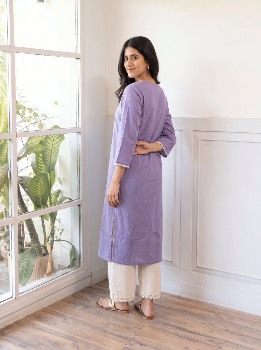 Kavya Purple Kurta Set over-shoulder styled view – The Suitable