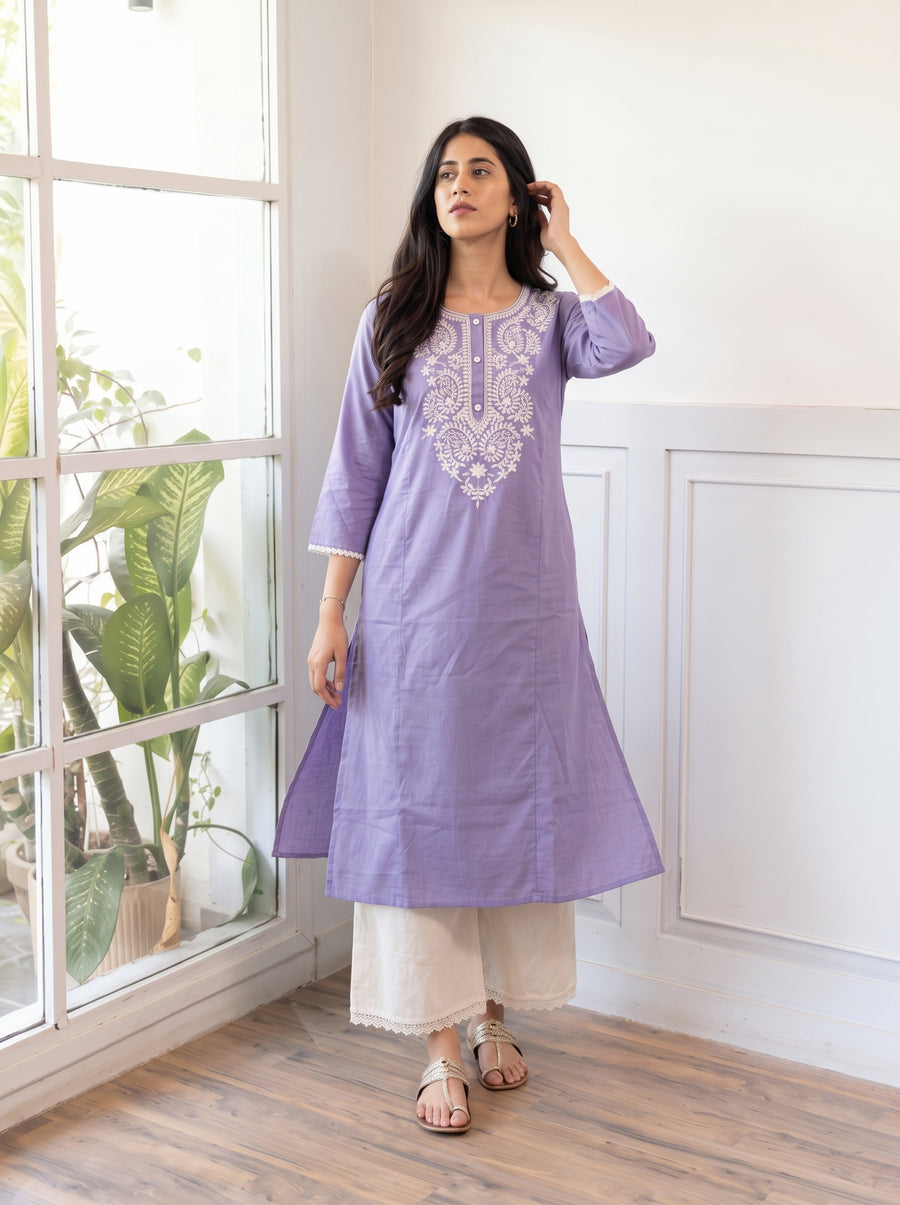 Kavya Purple Kurta Set styled view – The Suitable
