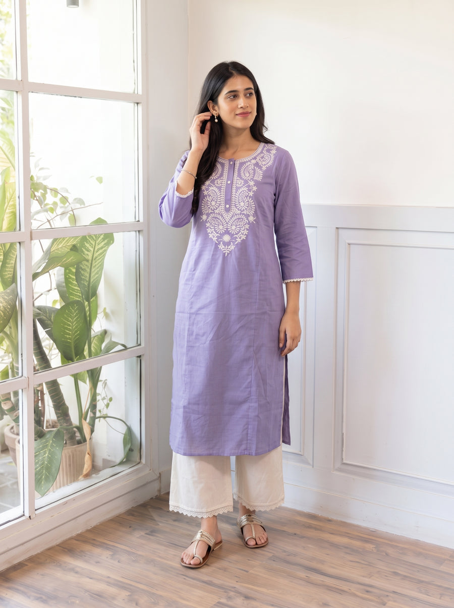 Kavya Purple Kurta Set candid styled view – The Suitable