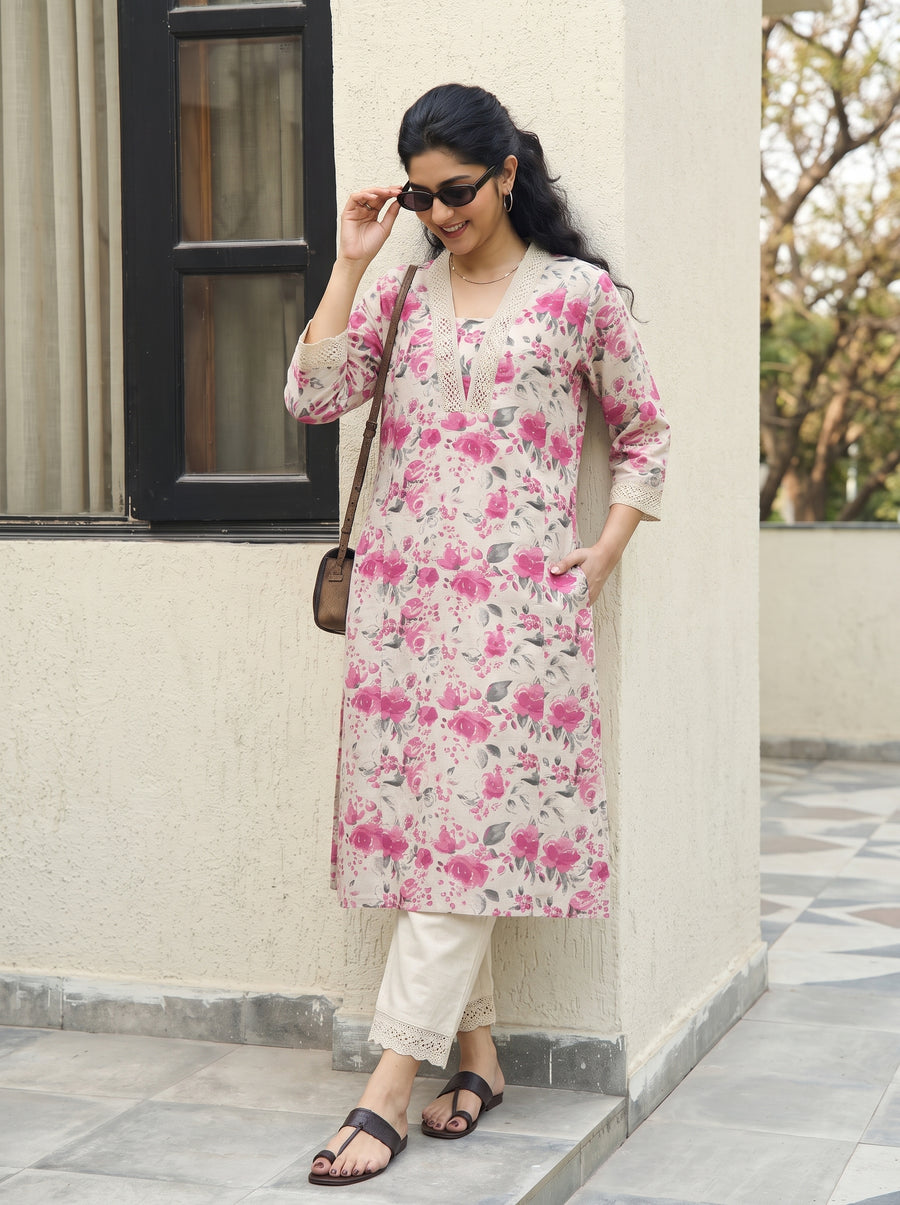 Inaaya Pink Kurta Set front view – The Suitable