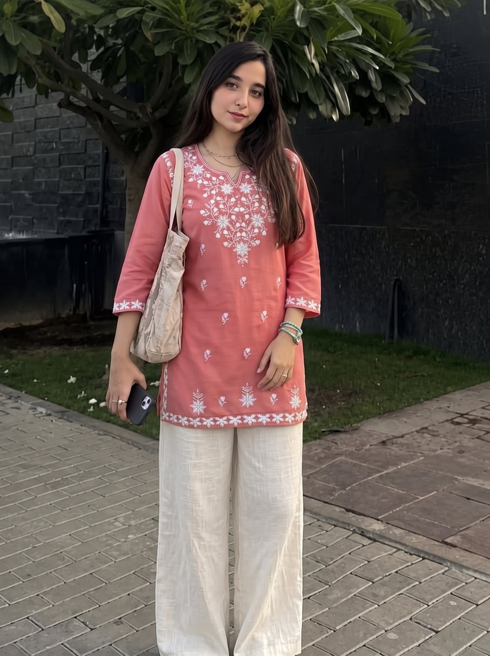 Sara Peach Embroidered Top front styled view – The Suitable