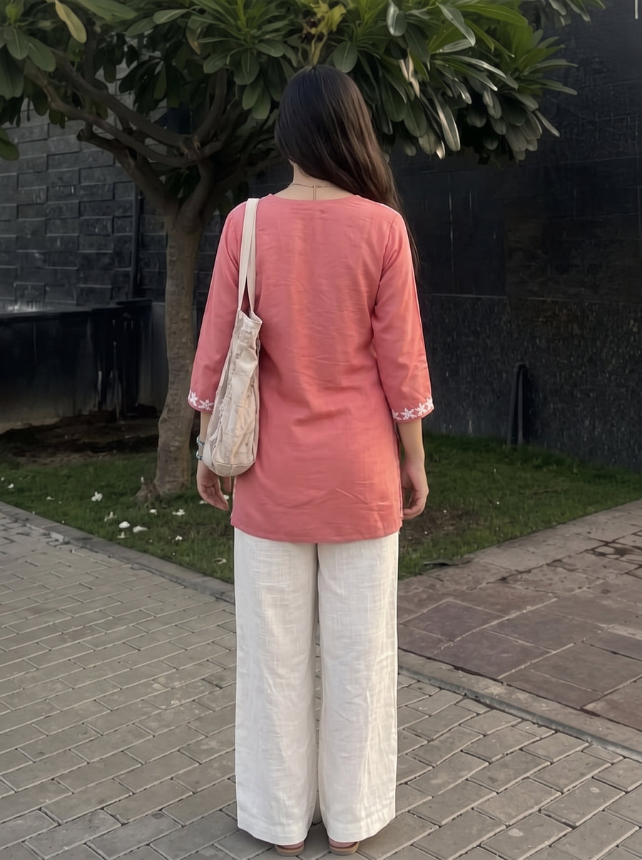 Sara Peach Embroidered Top back view – The Suitable