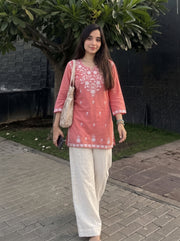 Sara Peach Embroidered Top styled view 4 – The Suitable