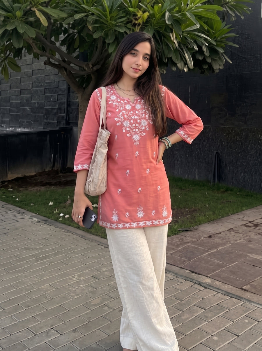 Sara Peach Embroidered Top styled view 5 – The Suitable
