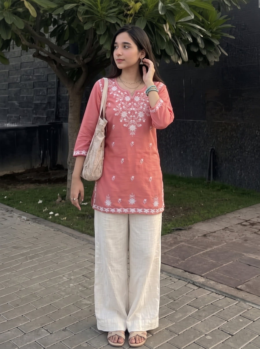 Sara Peach Embroidered Top candid styled view – The Suitable