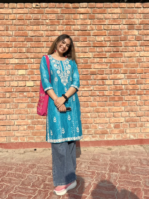 Alea Teal Blue Embroidered Top front view – The Suitable