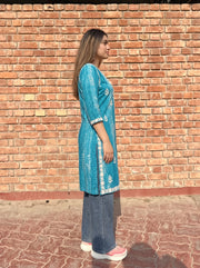 Alea Teal Blue Embroidered Top side view – The Suitable
