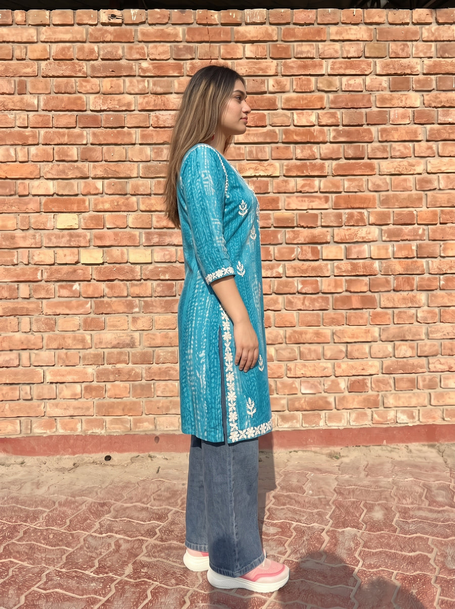 Alea Teal Blue Embroidered Top side view – The Suitable