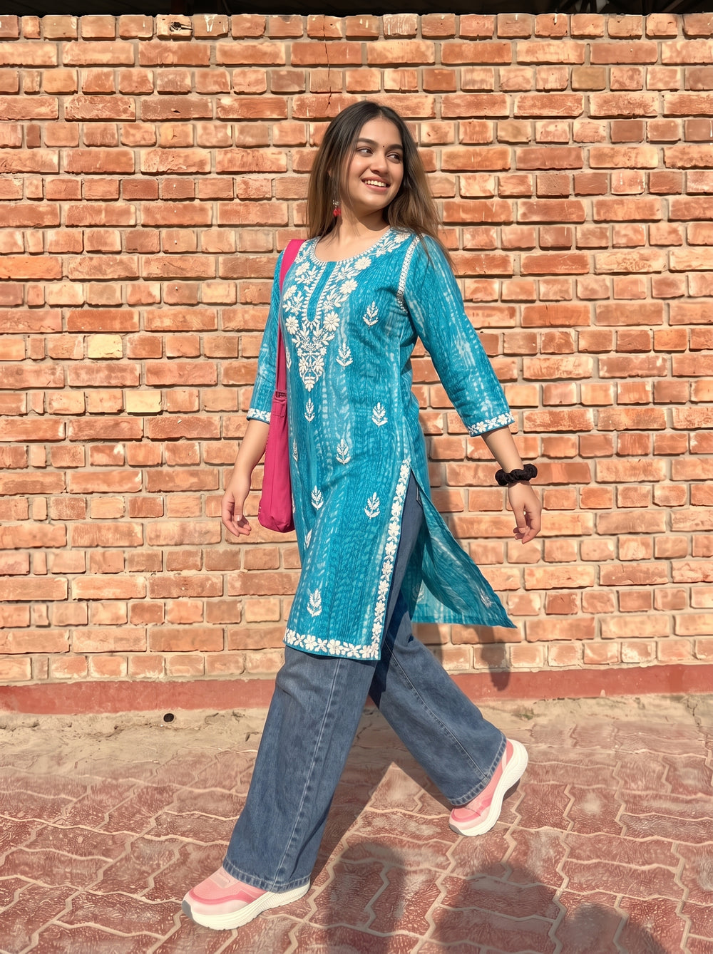 Alea Teal Blue Embroidered Top styled view 5 – The Suitable