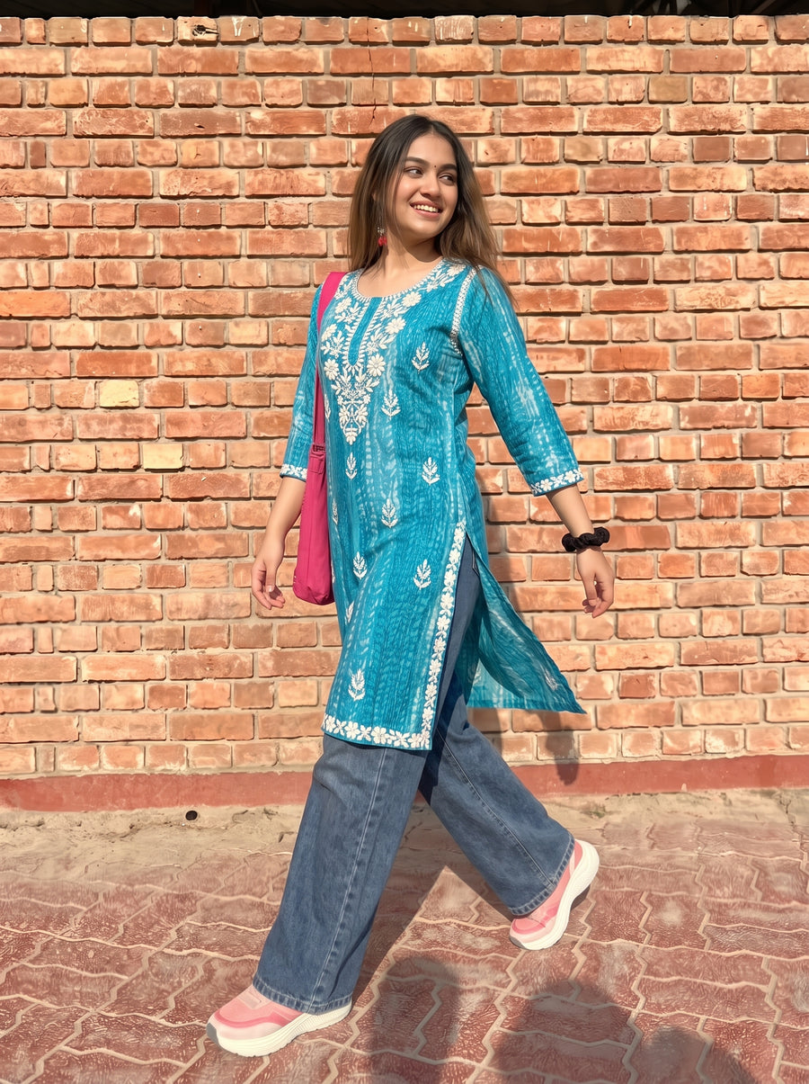Alea Teal Blue Embroidered Top styled view 5 – The Suitable