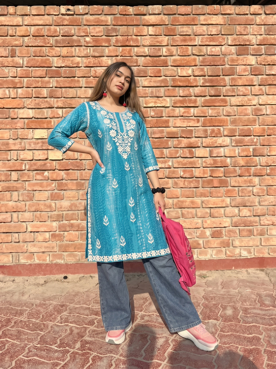 Alea Teal Blue Embroidered Top styled view 6 – The Suitable