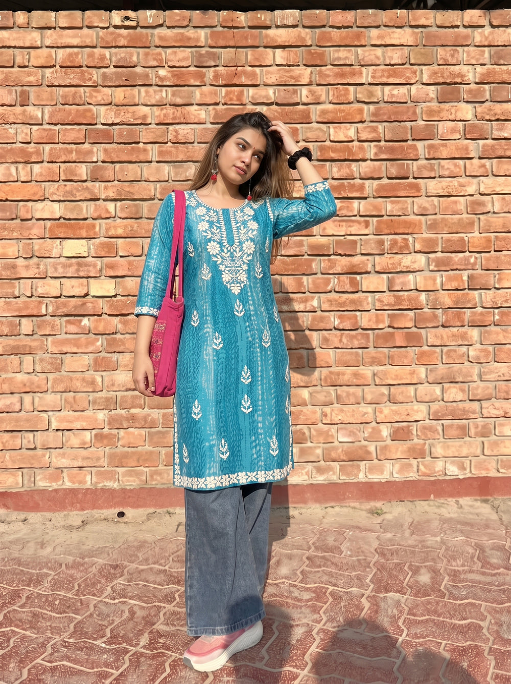 Alea Teal Blue Embroidered Top styled view – The Suitable
