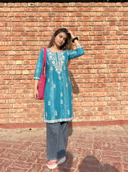 Alea Teal Blue Embroidered Top styled view – The Suitable