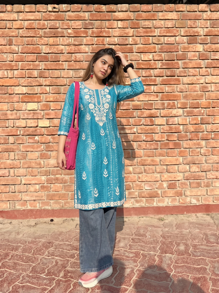 Alea Teal Blue Embroidered Top styled view – The Suitable