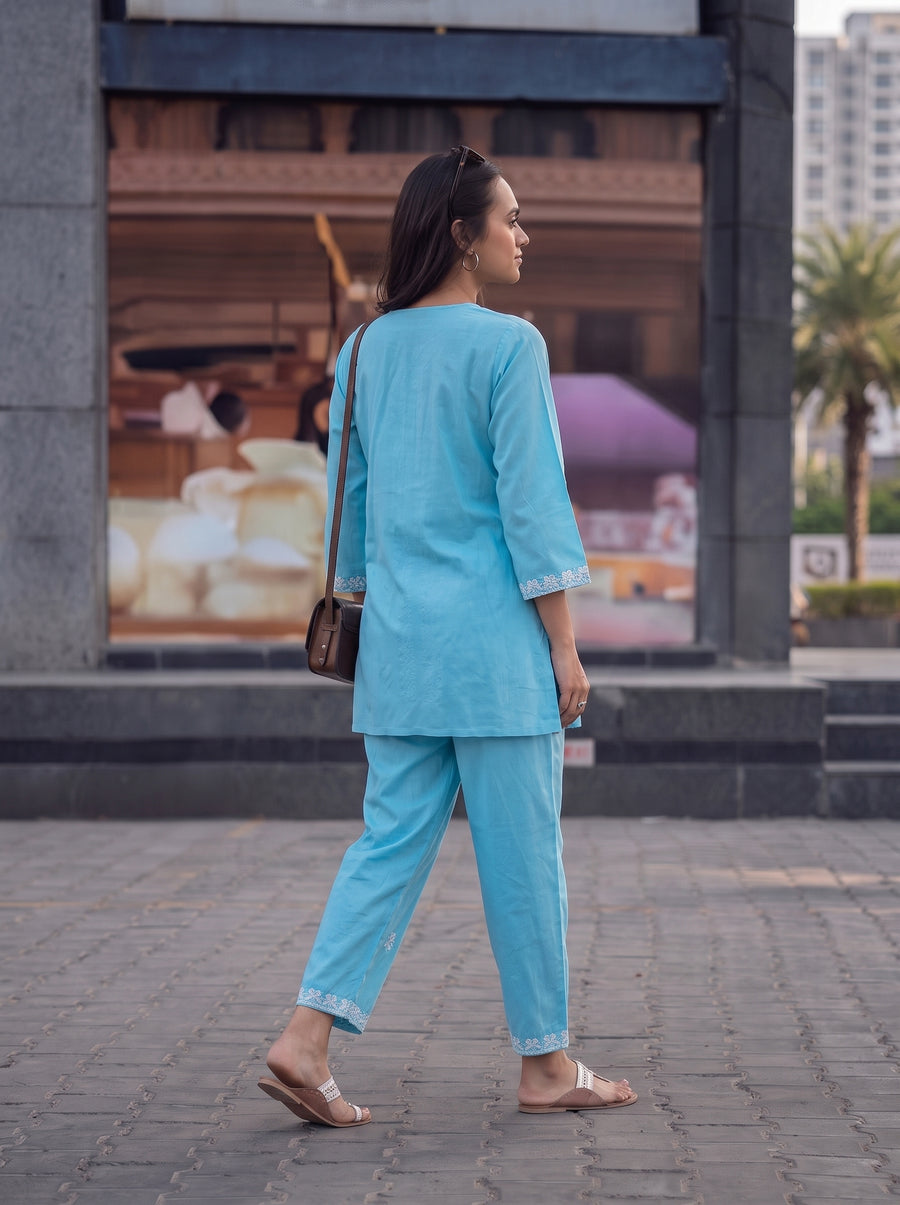 Zeenat Sky Blue Co-Ord Set back view – The Suitable