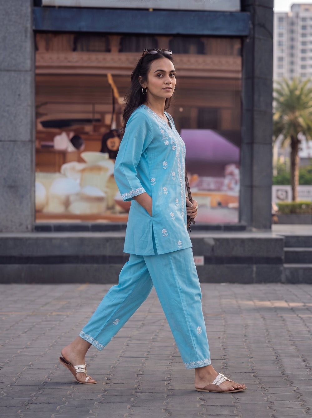 Zeenat Sky Blue Co-Ord Set over-shoulder styled view – The Suitable
