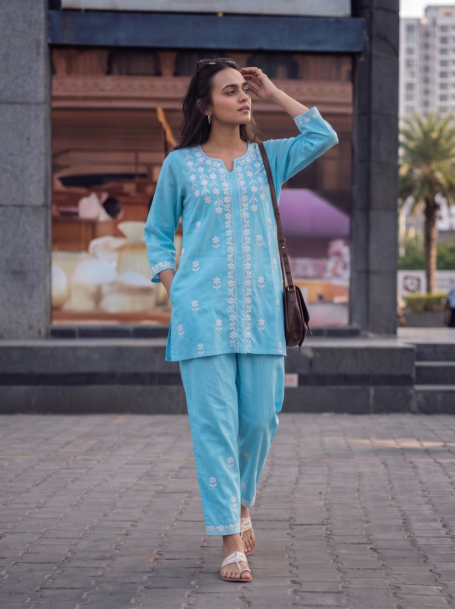 Zeenat Sky Blue Co-Ord Set styled view – The Suitable