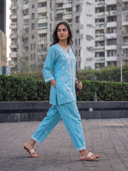 Zeenat Sky Blue Co-Ord Set candid styled view – The Suitable