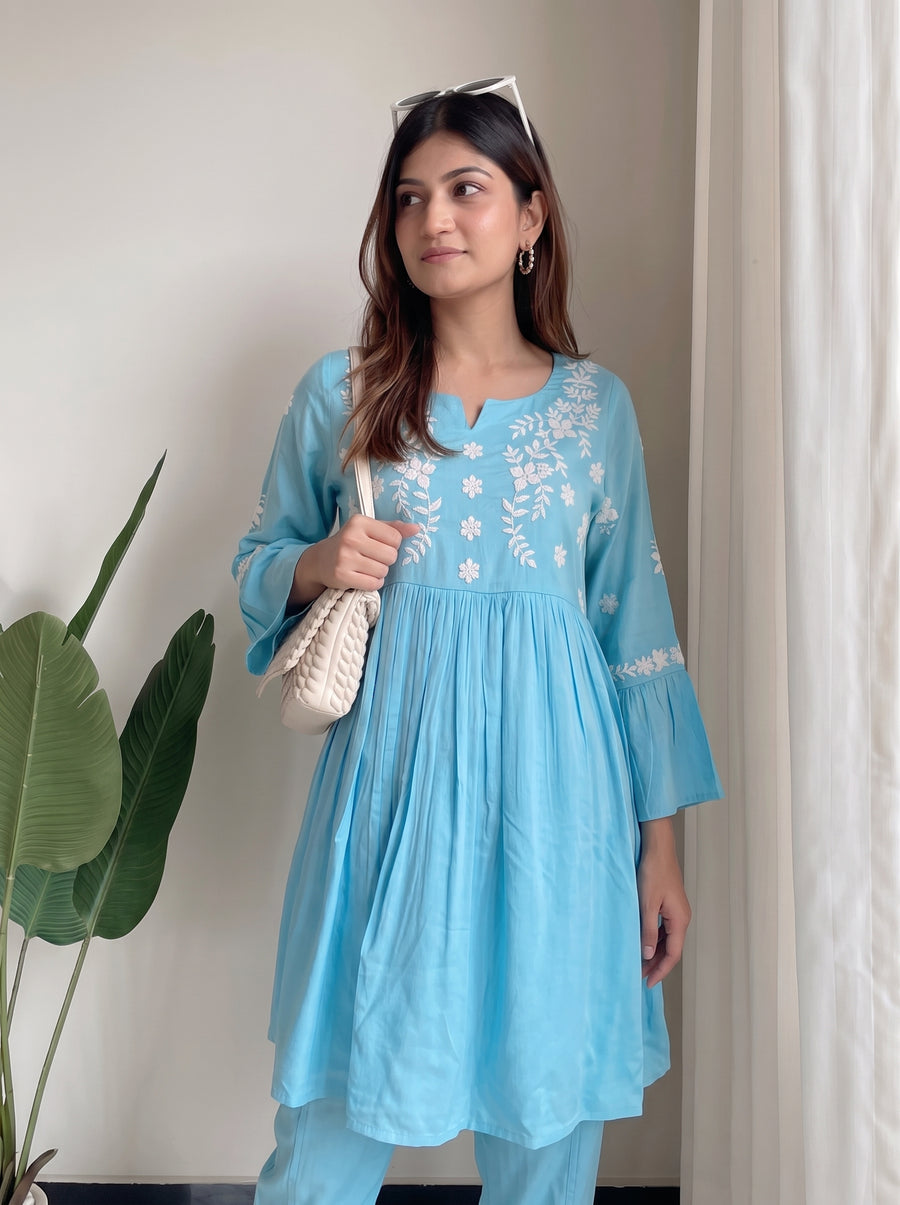 Naina Sky Blue Co-Ord Set neckline detail – The Suitable