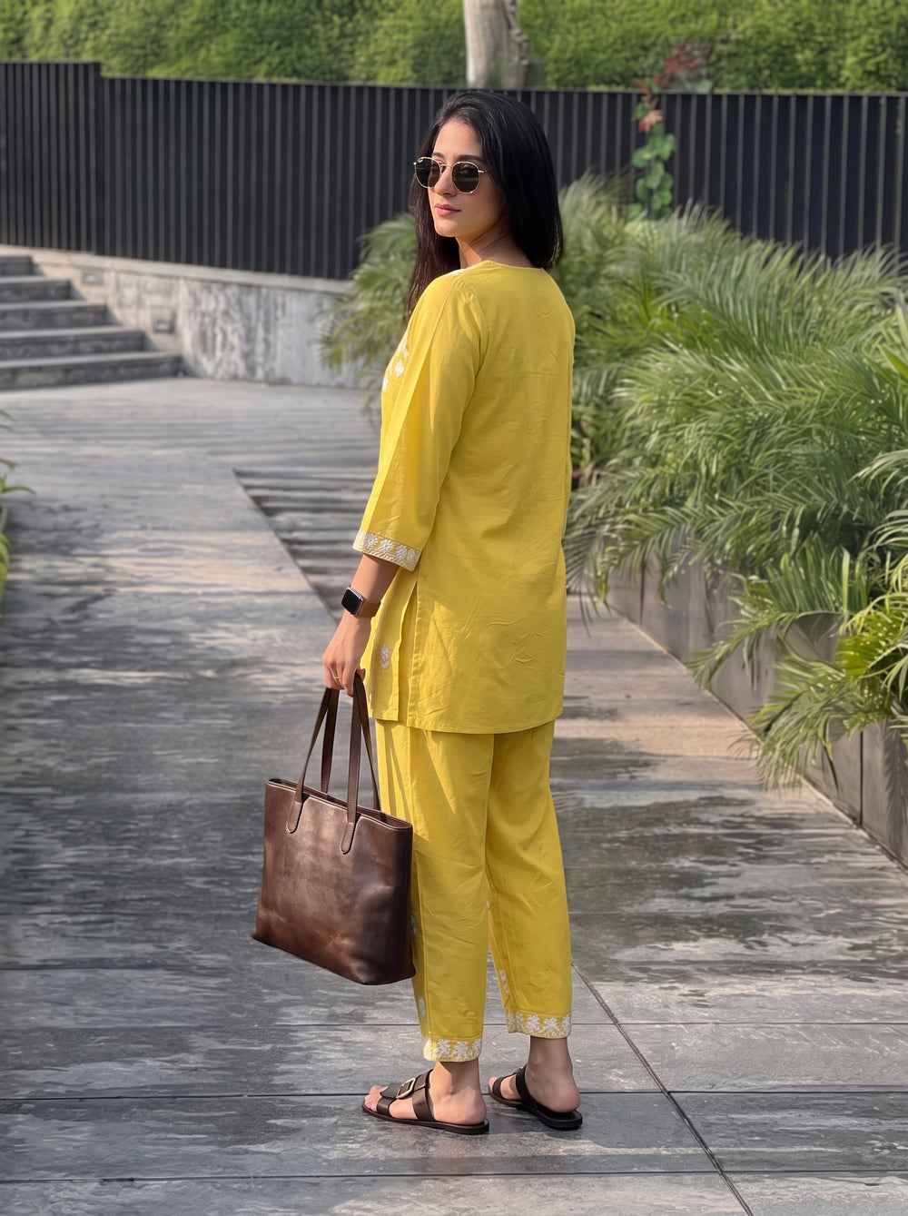 Zeenat Yellow Co-Ord Set over-shoulder styled view – The Suitable