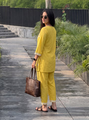 Zeenat Yellow Co-Ord Set over-shoulder styled view – The Suitable