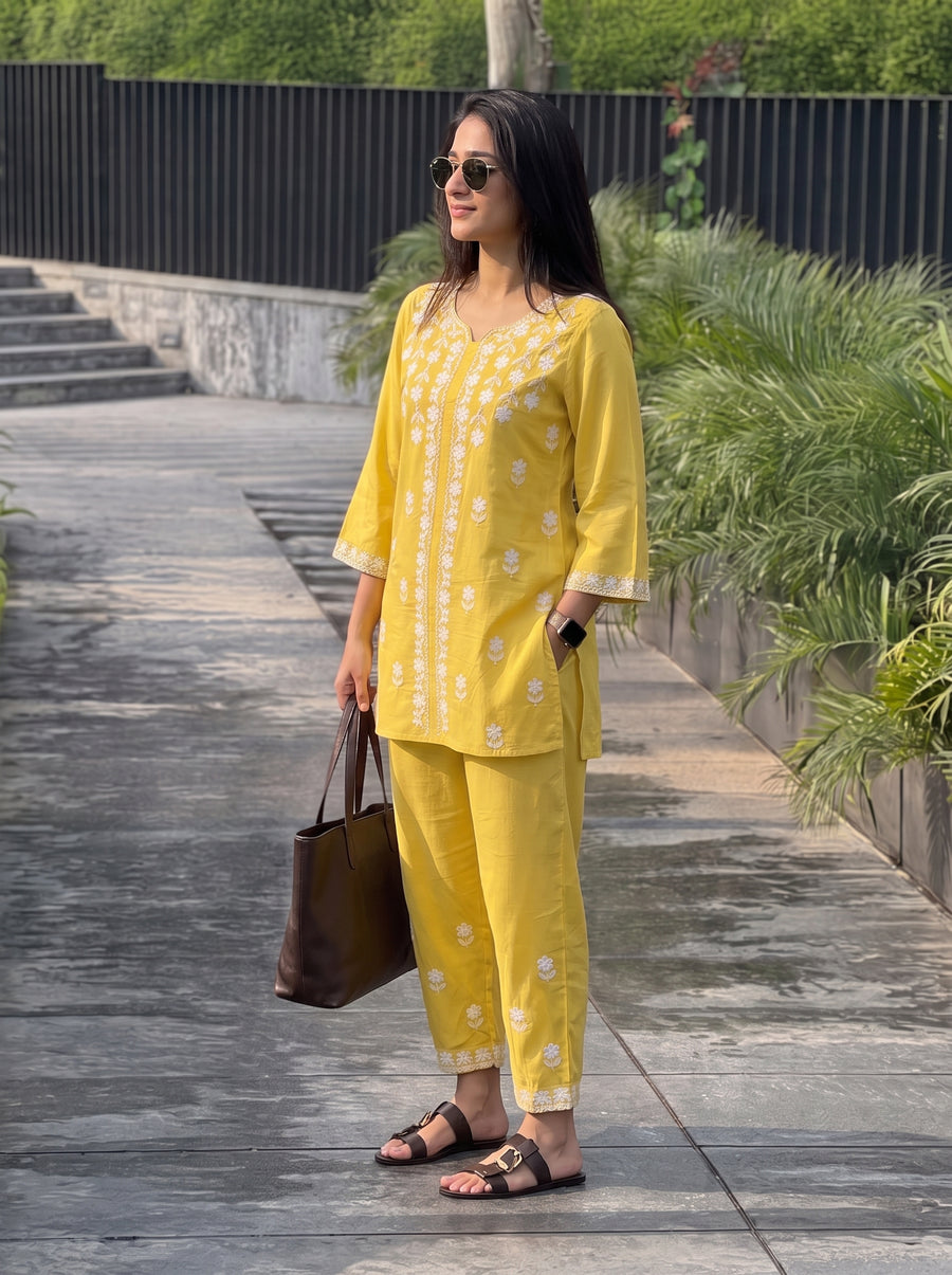 Zeenat Yellow Co-Ord Set candid styled view – The Suitable