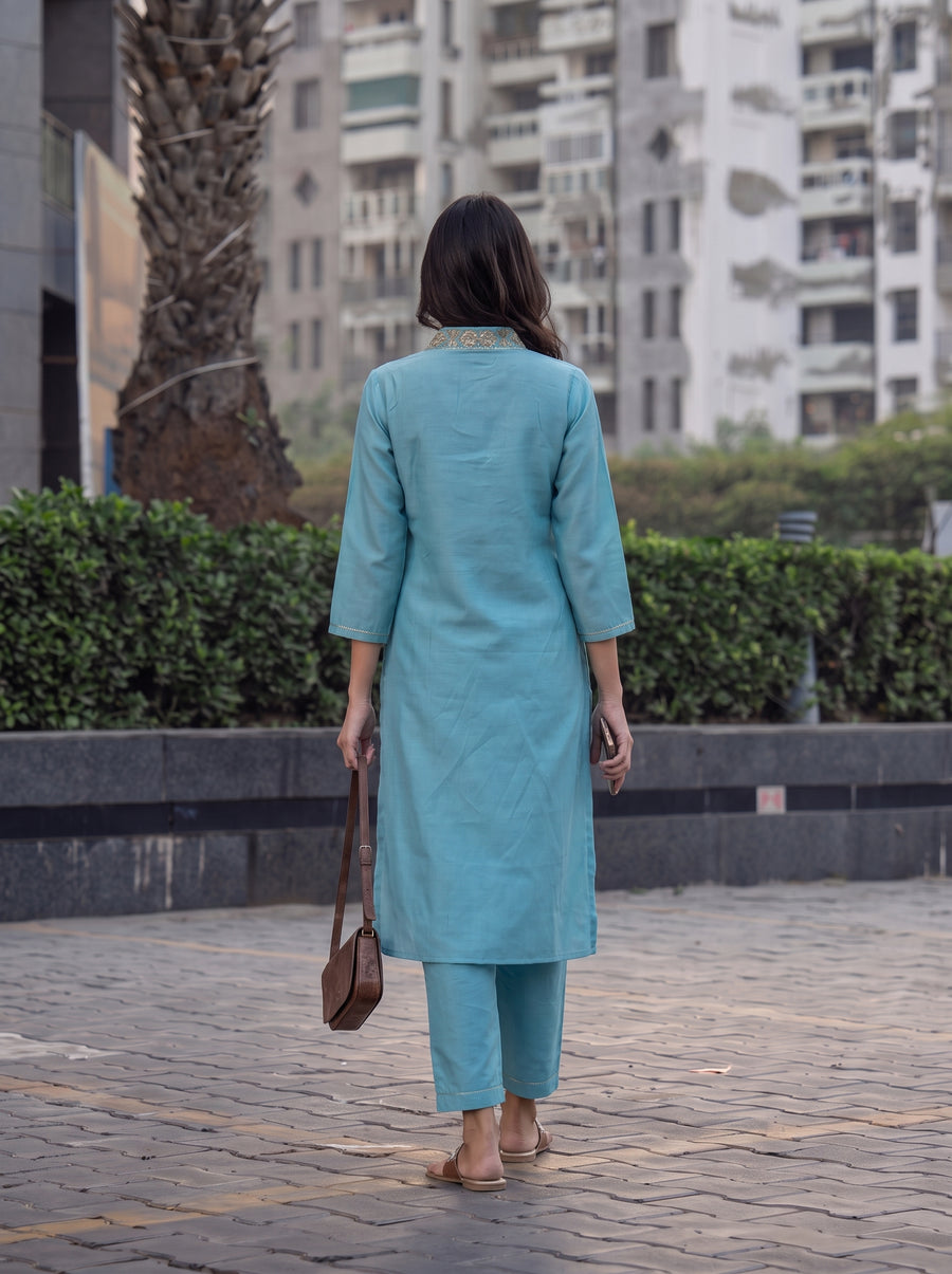 Aarohi Sky Blue Co-Ord Set back view – The Suitable