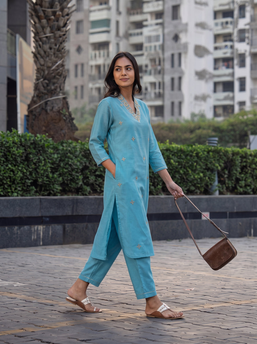 Aarohi Sky Blue Co-Ord Set front view – The Suitable