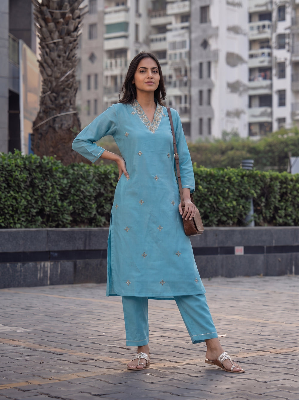Aarohi Sky Blue Co-Ord Set styled view 4 – The Suitable