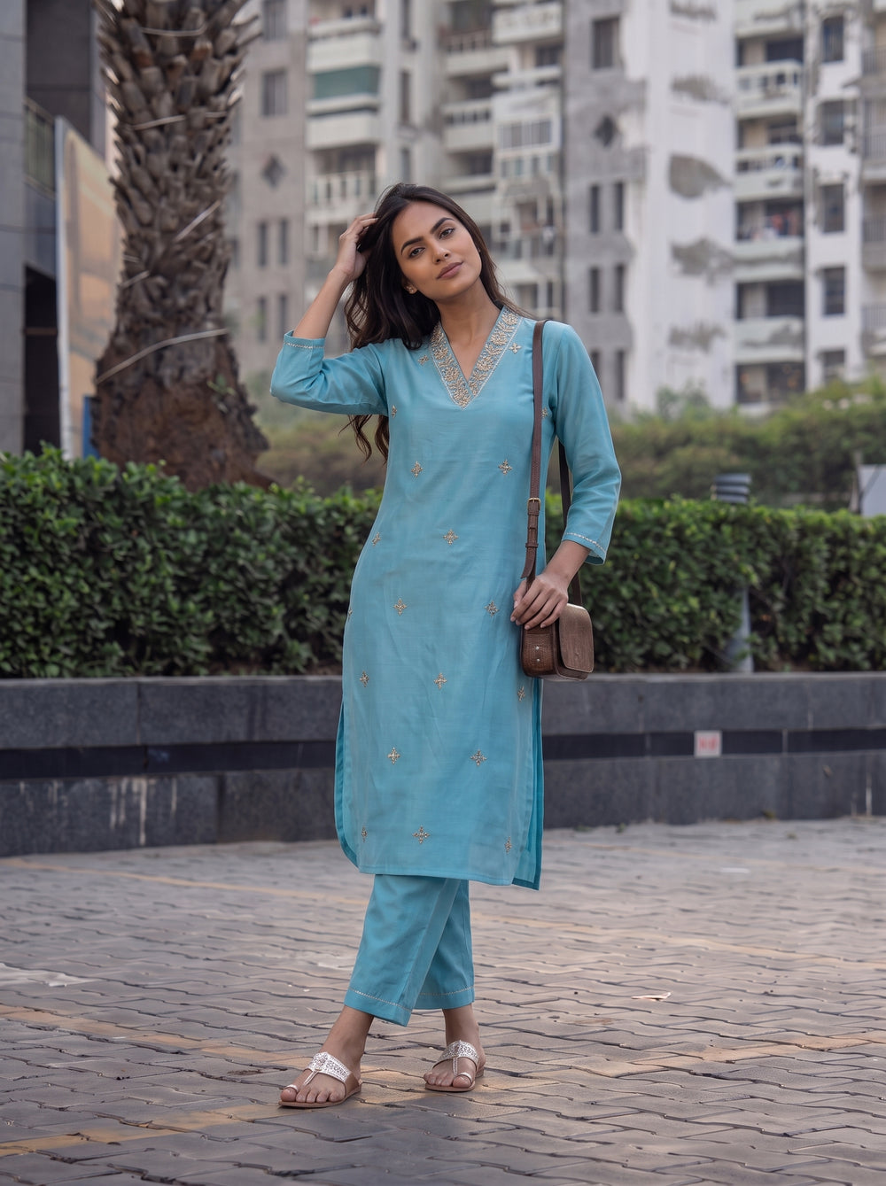 Aarohi Sky Blue Co-Ord Set styled view – The Suitable