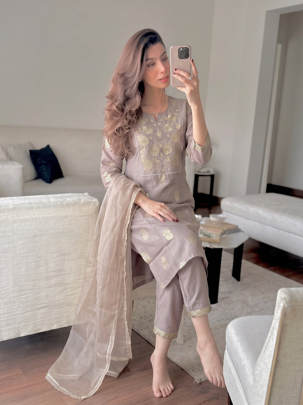 Zoya Mocha Mousse Suit Set styled view 6 – The Suitable