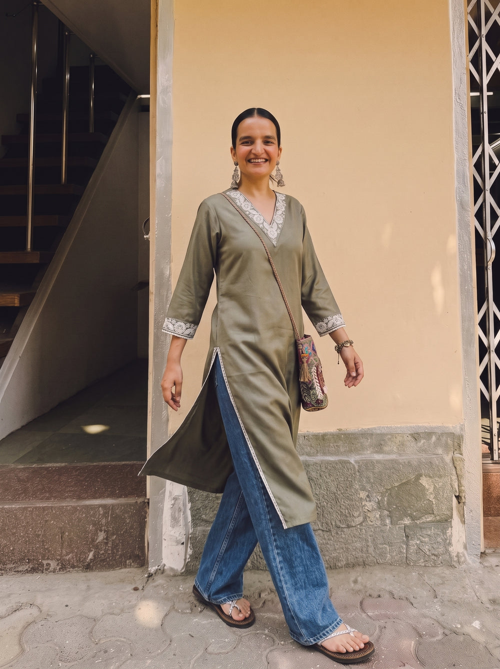 Rhea Olive Straight Kurta styled view 4 – The Suitable