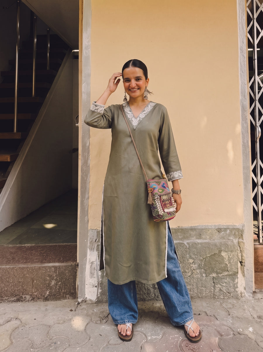 Rhea Olive Straight Kurta styled view – The Suitable