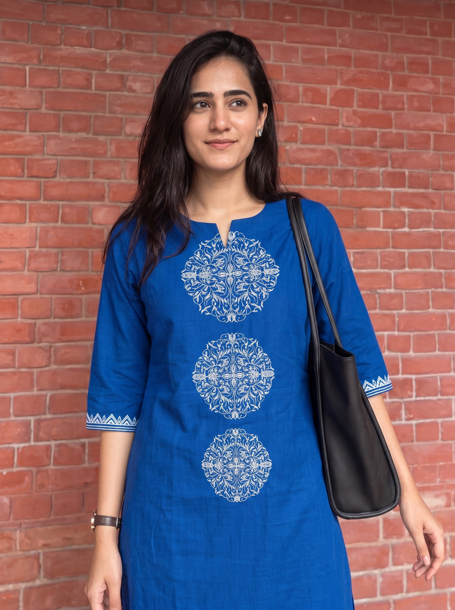 Aaira Blue Kurta Set neckline detail – The Suitable