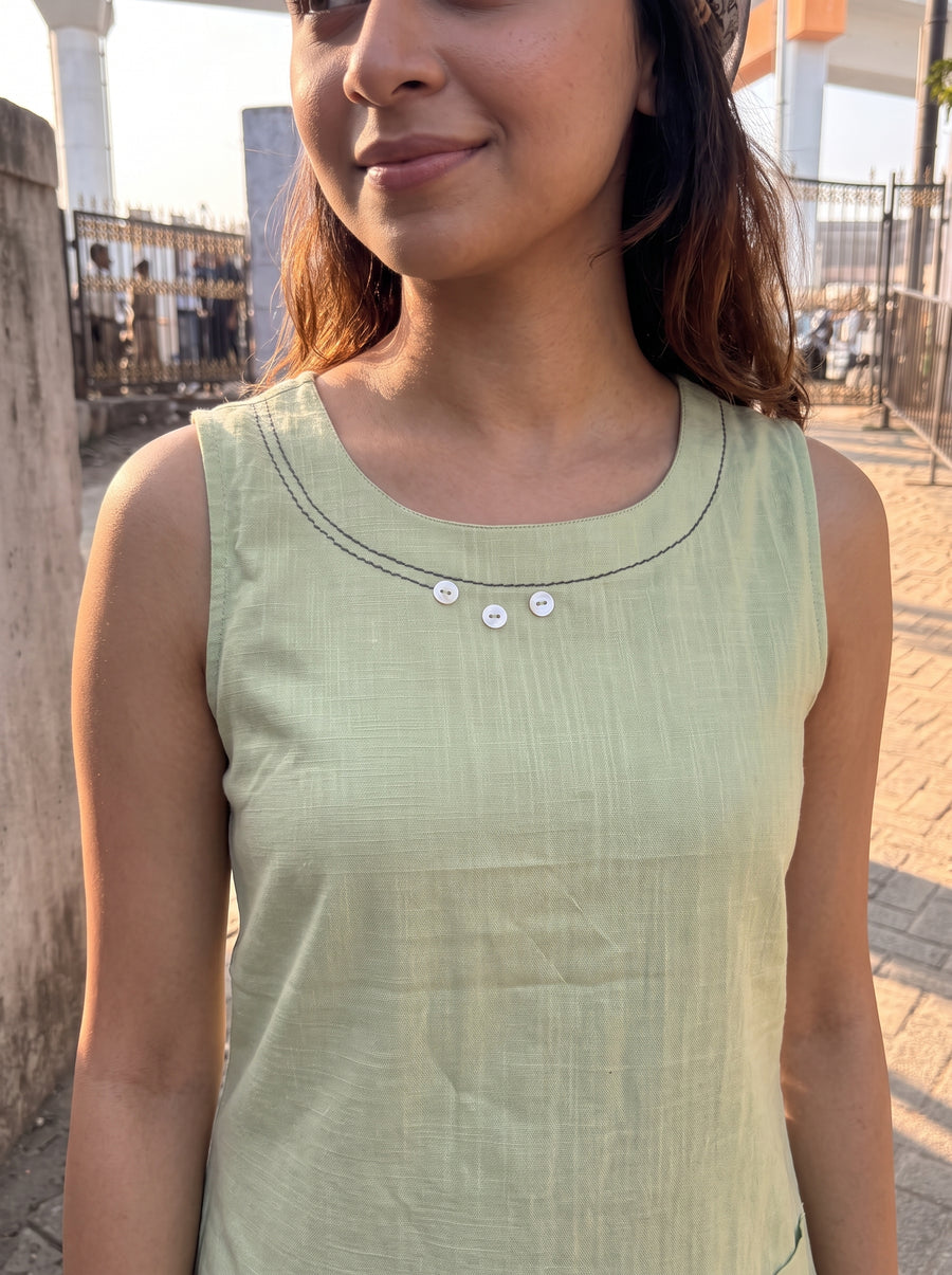 Elina Sage Green Midi Dress neckline detail – The Suitable