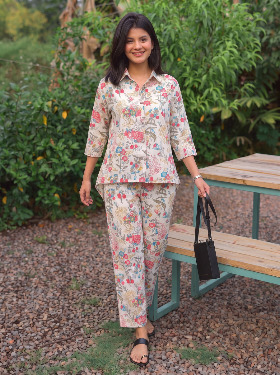 Nysa Off White Printed Co-Ord Set styled view 1 – The Suitable