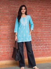 Aiza Sky Blue Embroidered Top neckline detail – The Suitable